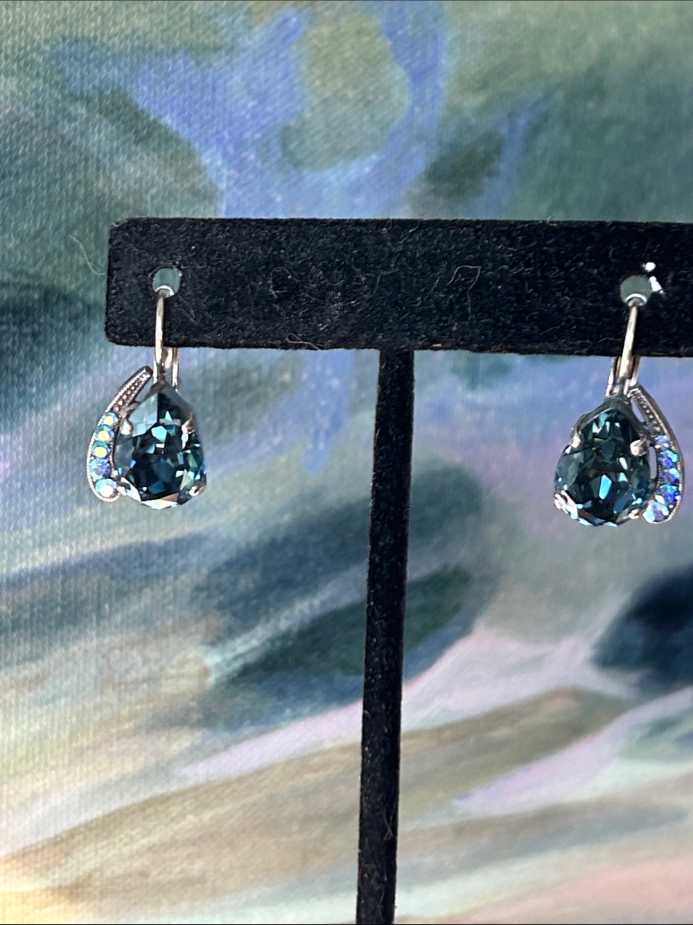 Large Blue & Aurora Borealis Crystal Earrings. Silver-tone, Lever Back